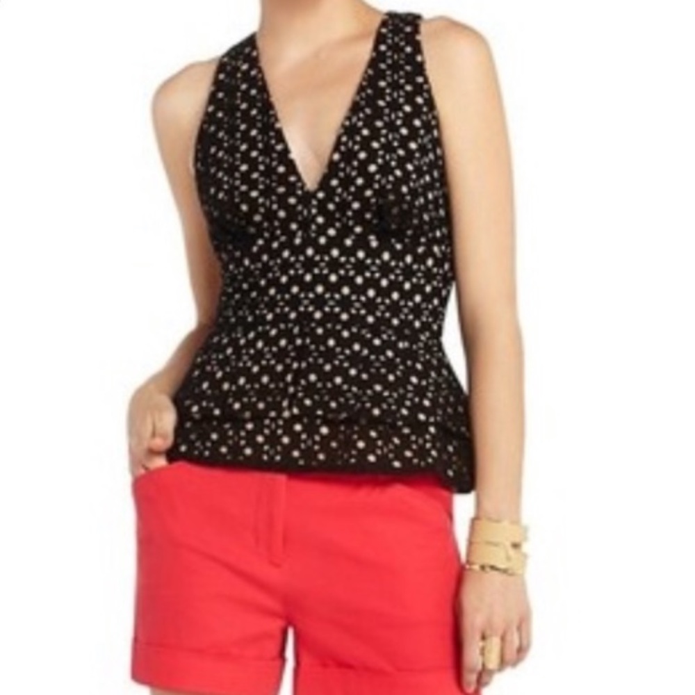 BCBGMaxAzria eyelet peplum sleeveless top black xs